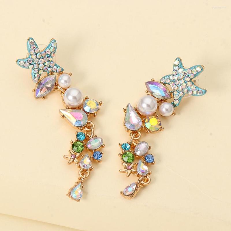 

Dangle Earrings Fashion Bling Crystal Bead Pearl Flower Long Drop Metal Gold Plated Chain Women Summer Beach Jewelry 2023