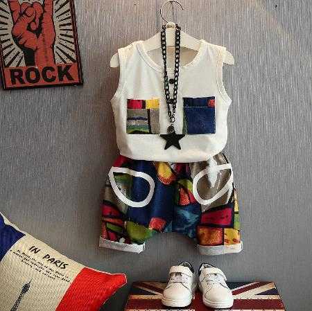 

s Children's Short Sleeve Kids Y Baby Boys Clothing Cotton Sleeveless Vest Color Print Pocket Shorts Twopiece Set, Beige