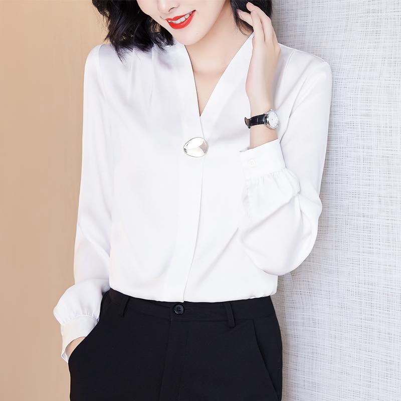 

Women' Blouses Chic Fashion Women Blouse V-neck Long Sleeve Silk Satin Tops Office Lady Work Formal Shirts 2023 Spring Autumn, Yellow