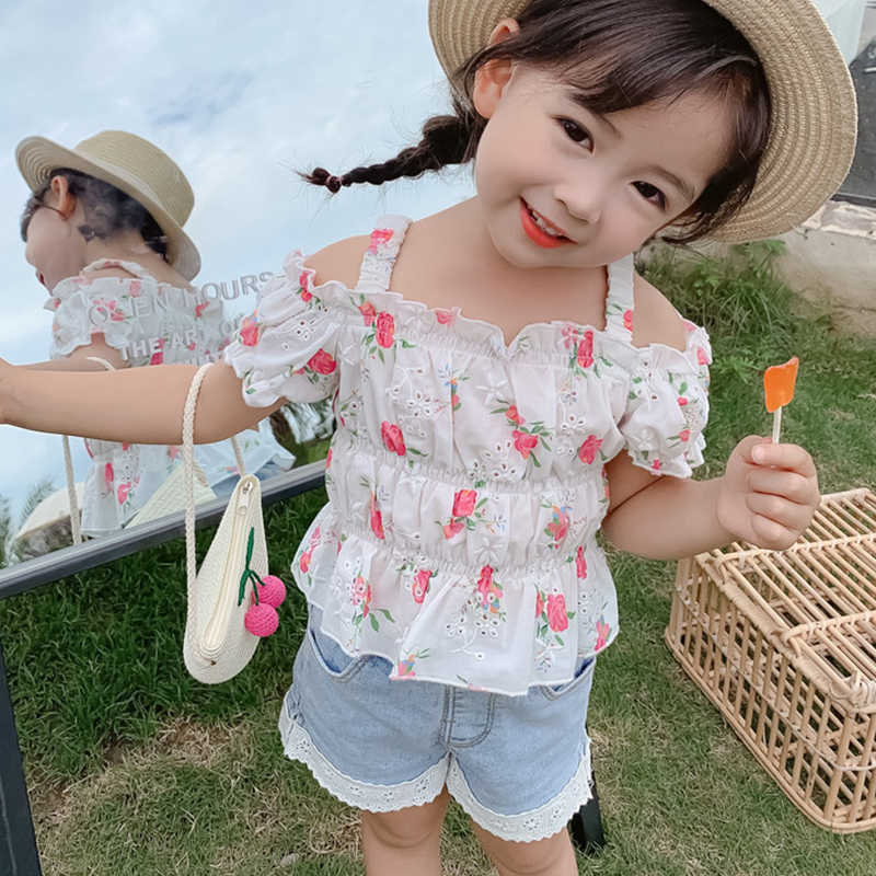 

LZH Children's Clothing Summer Sets For Pcs Outfit Fashion Kids Costume Floral Top Denim Shorts Suit Baby Girls Set, Green