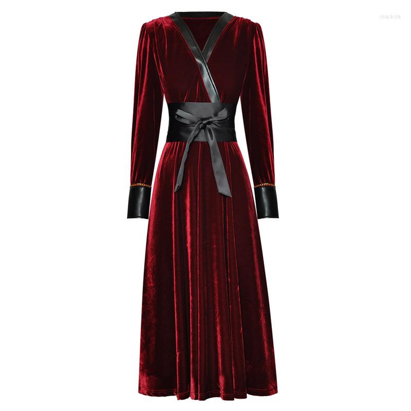 

Casual Dresses Brand Fashion PU Leather Patchwork Deep V Neck Sash Belt Long Sleeve Mid-Calf Length Dark Green / Wine Red Velvet Winter