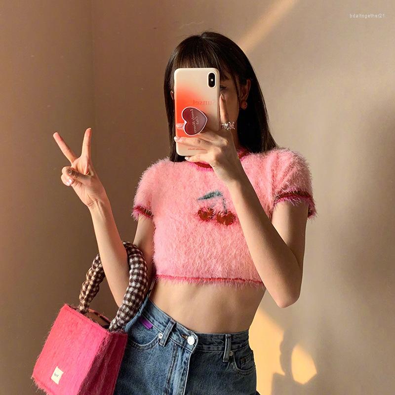 

Women' T Shirts Fashion Summer Women Knitted Sweater T-shirt O-neck Cropped Navel Cute Sweet Cherry Top Tee Ladies Short Sleeve Casual, Pink