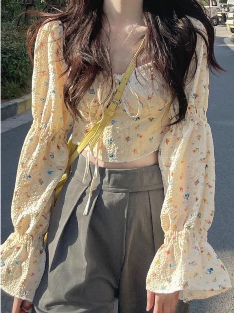 

Women' Blouses Fashion Chic Woman Blouse Elegant 2023 Summer Long Sleeve Y2k Crop Tops Female Casual Outwear Floral Shirts Lady Korean, Yellow