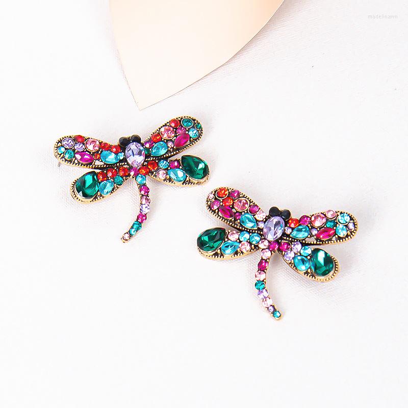 

Stud Earrings Exaggerated Retro Colorful Crystal Dragonfly Shaped For Women Vintage Antiqued Gold Color Big Ear Jewelry