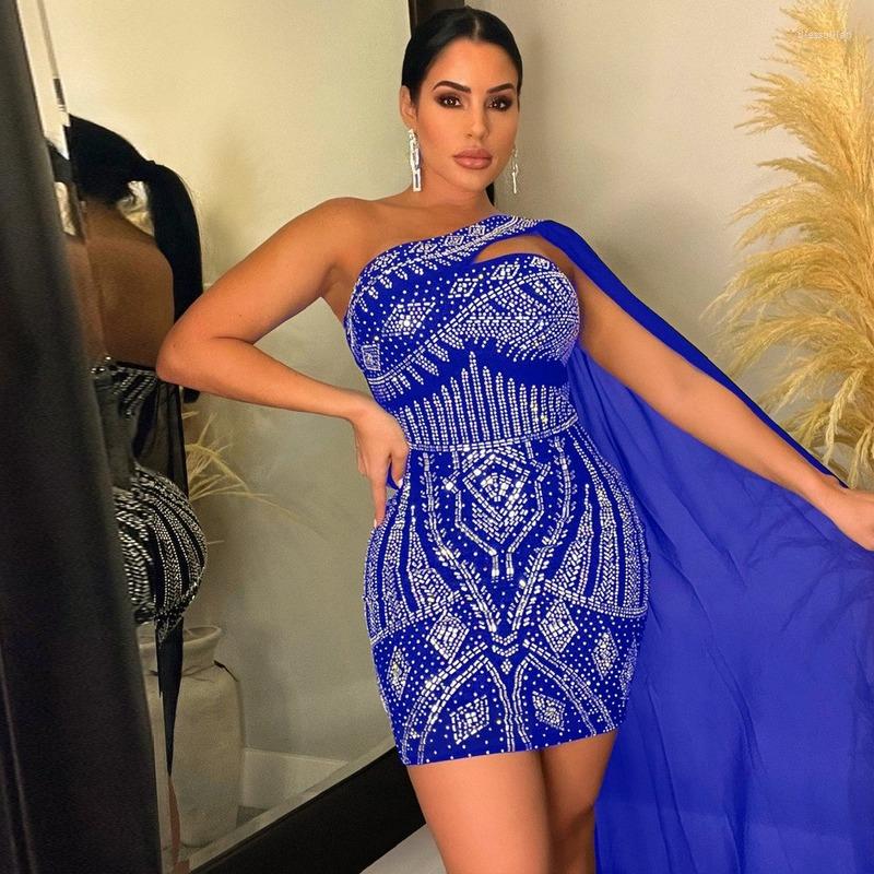 

Casual Dresses Diamonds One Shoulder Cape Bodycon Mini Party Dress Women Sexy Cut Out Strapless Slim Night Clubwear Fashion Vestidos, Black