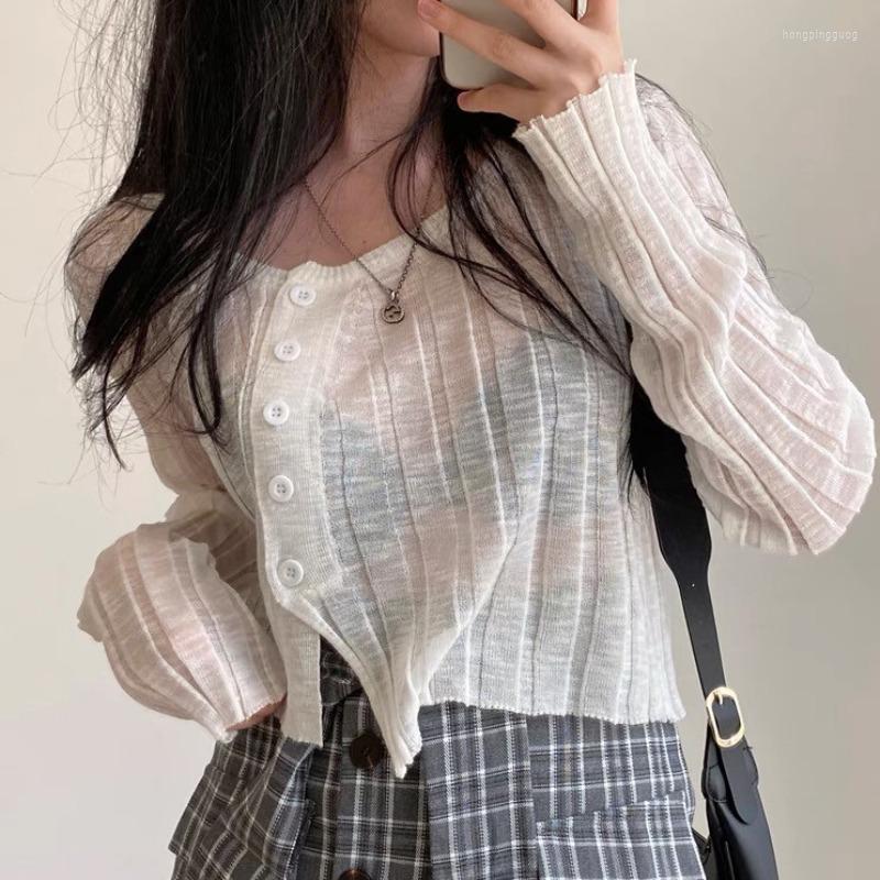 

Women's Knits Korean Chic Autumn French Temperament Irregular Oblique Button Long-Sleeved Thin Blouse All-Match Sweater Top Women, White