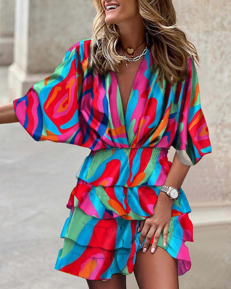 

Casual Dresses Casual Leaf Print Sleeve Dress Lady Irregular Party Dress Sexy VNeck Women Mini Dress 230214, Style7
