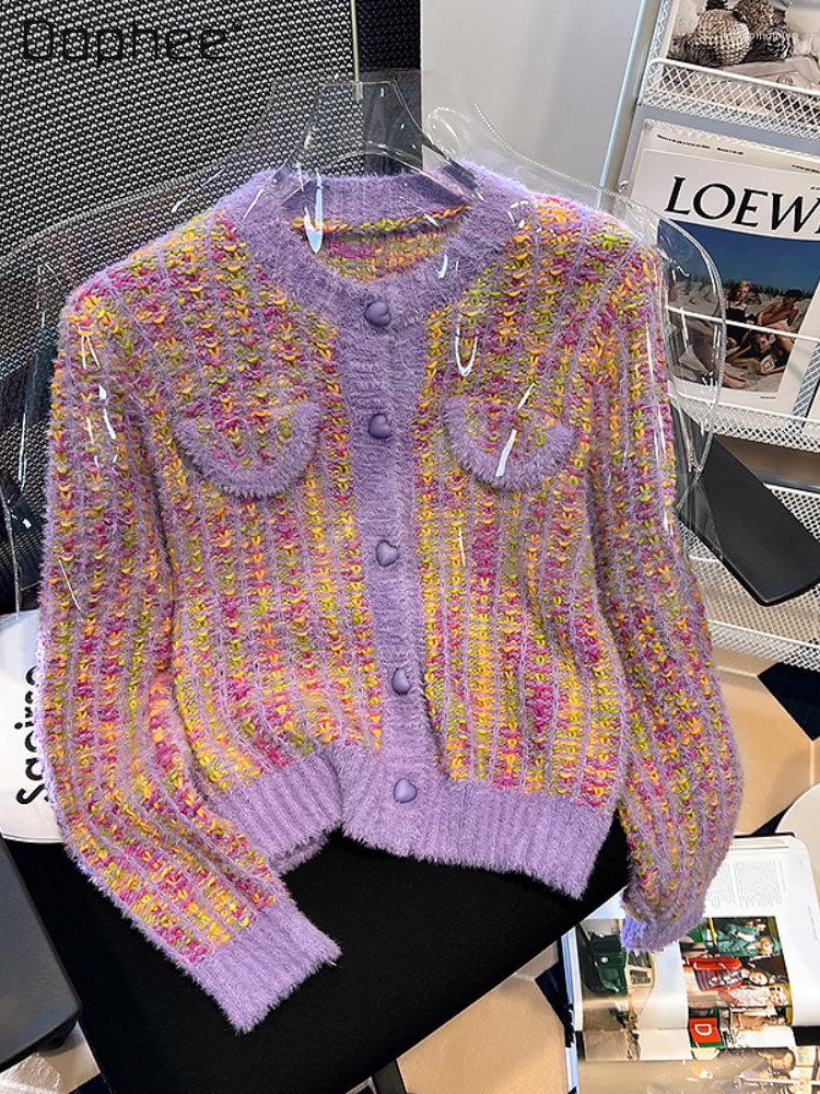 

Women' Knits Kawaii Purple Colorblock Knitwear Sweater Ladies Korean Fashion Women' Winter Long Sleeve Single-breasted Knitted
