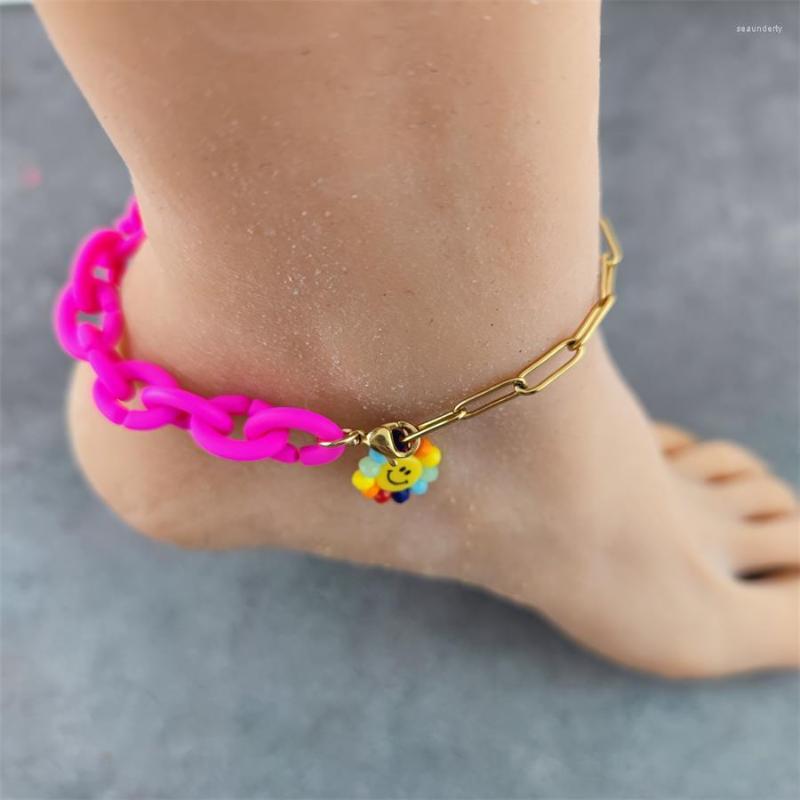 

Anklets Hip Hop Smile Flower Daidy Bead Anklet Bracelet For Women Bohemian Colorful Handmade Stainless Steel Ankle Jewelry Gift