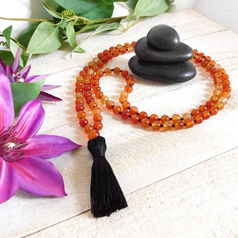 

Chains Creativity Mala 108 Stone Jewelry Black Tassel Healing Yoga Necklace Hand Knotted Carnelian