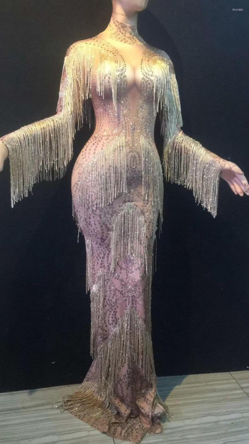 

Stage Wear Women Sexy Silver Tassel Long Dress Simple Version Material Spandex Sparkle Crystals Nightclub Birthday Party Costumes Dresses, Picture shown