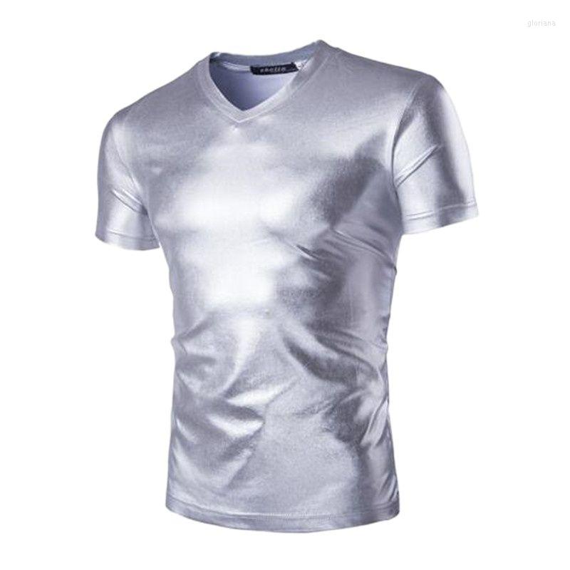 

Men's T Shirts Summer 2023 Trend Solid Color Metal Shiny Men's Short Sleeves Nightclub Sexy V-neck Costumes Quality Hip Hop Slim Men, Black