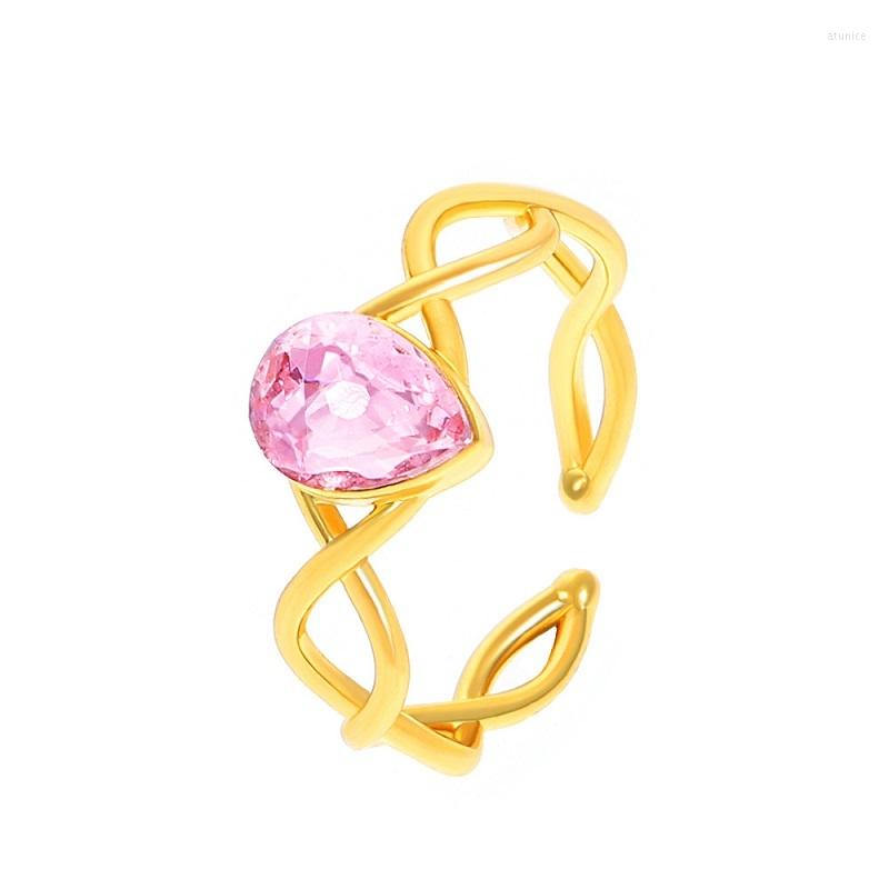 

Wedding Rings Trendy Water Drop Shap Rhinestone Crystal For Women Vintage Gold Color Hollow Out Flower Opening Jewelry