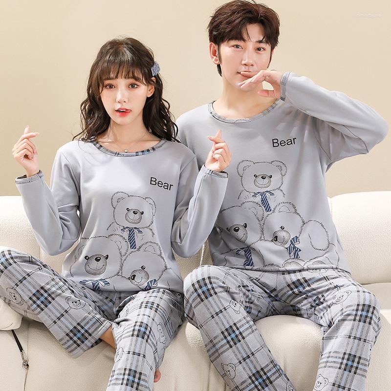 

Women's Sleepwear Lovers Home Clothes Knit Cotton Long Sleeves Cartoon Girl's Printing Pajamas M-4XL Fashion Couples Pijamas De Mujer, Er5220w