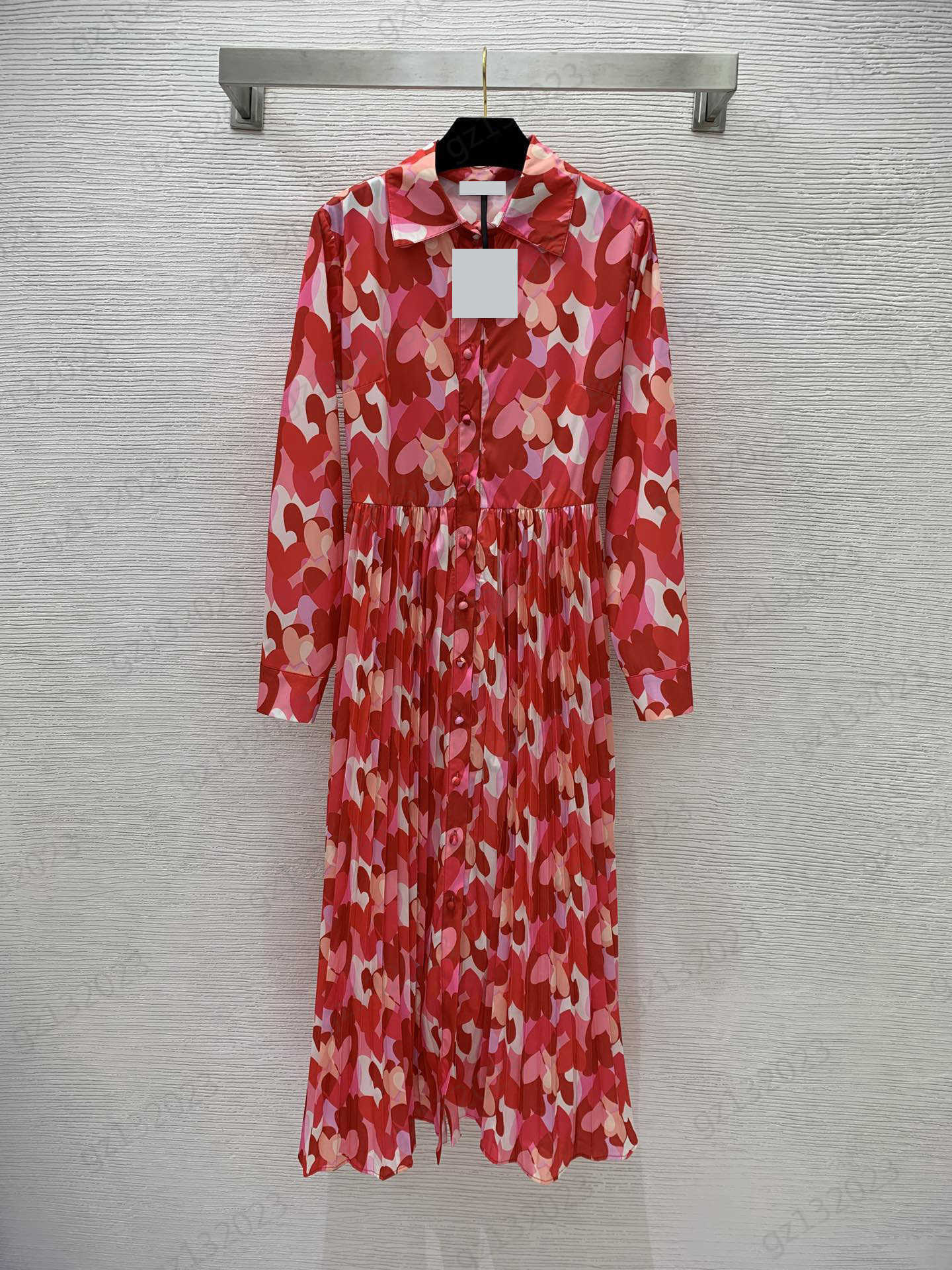 

Overlapping Love Print Dress Single Row Button Open Lapel Long Sleeves Dresses Corset Waist Cutting Large Hemline Pleated Maxiskit Dress For Women Trendy, 10