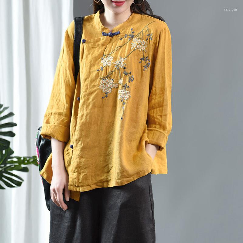 

Women's Blouses Spring Arts Style Women Vintage Button Loose Shirts Cotton Linen Embroidery Blouse Femme Blusas Elegant FT482, Pink