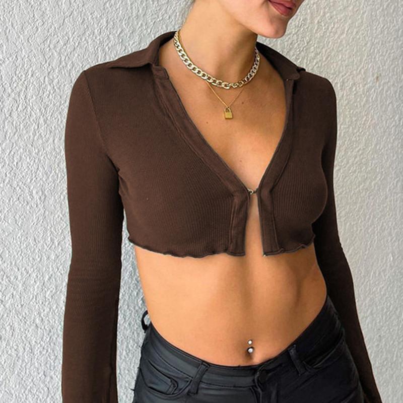 

Women' T Shirts Autumn Spring Sexy Women T-shirts Solid Color Long Sleeve Slim Fit Lapel Neck Crop Tops Female Fashion Streetwear Novel, Black
