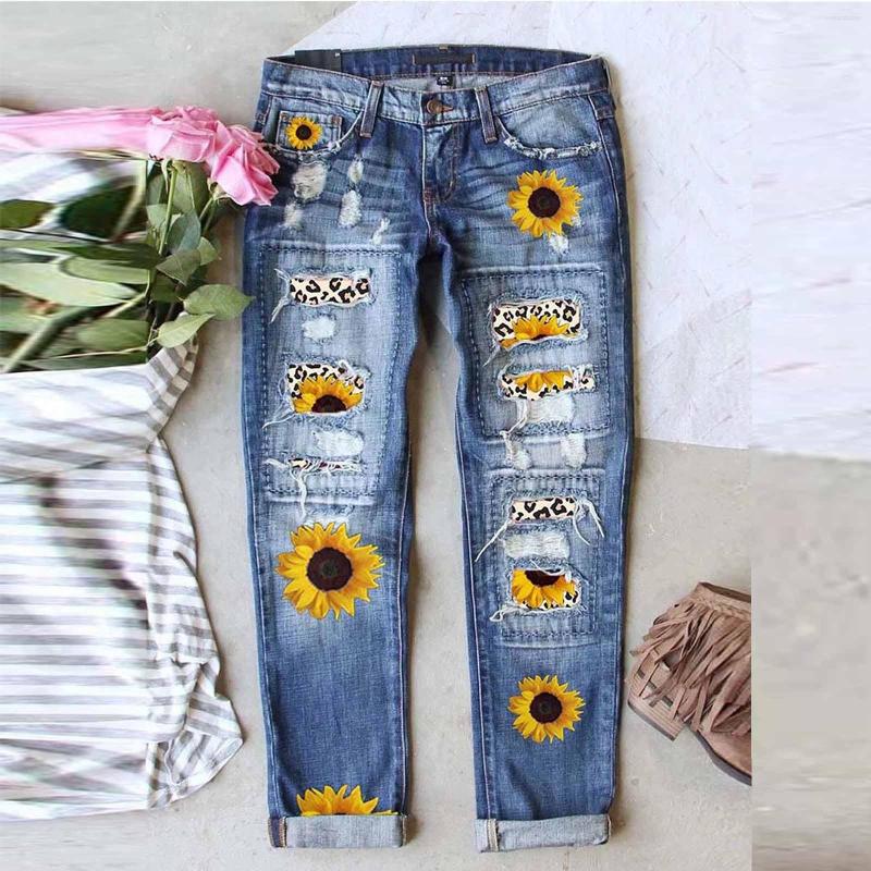

Women' Jeans Women' Street Printed Perforated Straight Denim Trousers, Blue