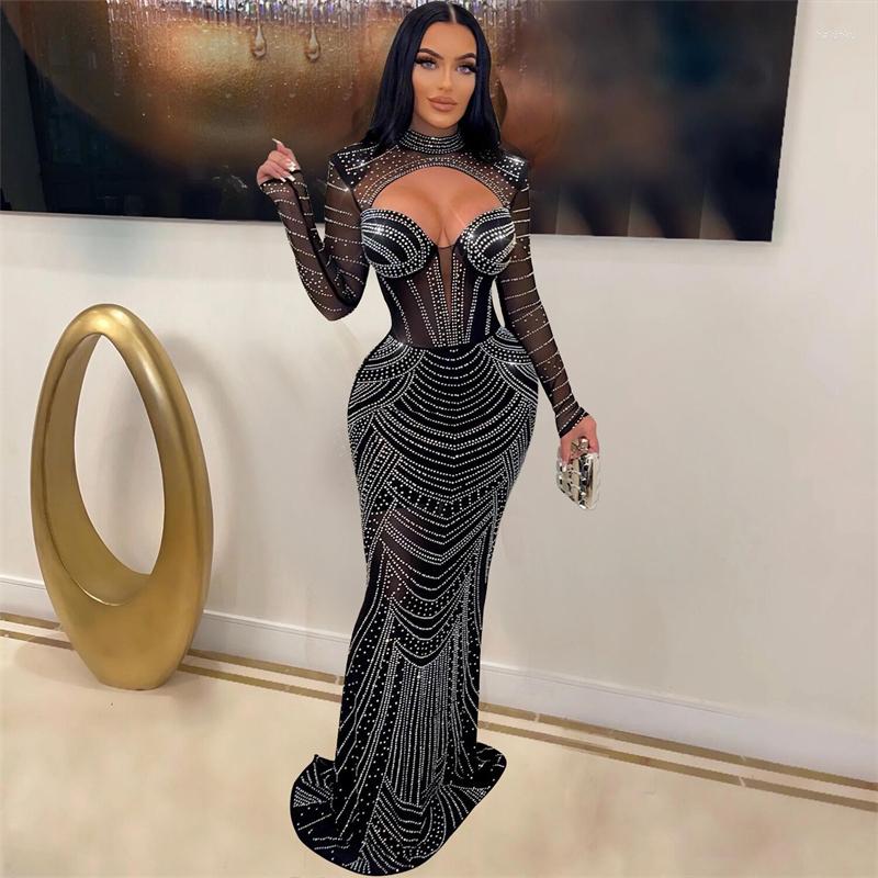 

Casual Dresses Gorgeous Diamonds Sheer Mesh Maxi Party Dress Women Sexy Hollow Out Strapless Full Sleeve Bodycon Long Robe Evening Gown, Black