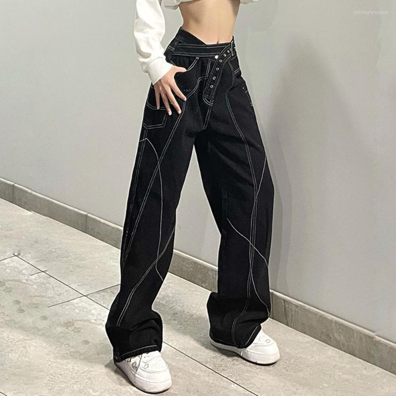 

Women' Jeans Pockets Patchwork Gothic Baggy Fashion Streetwear Women With Belt Denim Trouser Loose Cargo Pants Korean Harajuku, Black