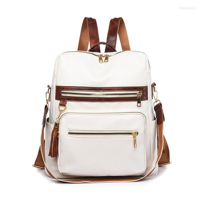 

School Bags TRAVEASY Vintage Woman Backpacks 2023 PU Fringed Zipper Shoulder Female Anti-theft Elegance Outdoor Casual Schoolbags, Coffe woman backpack