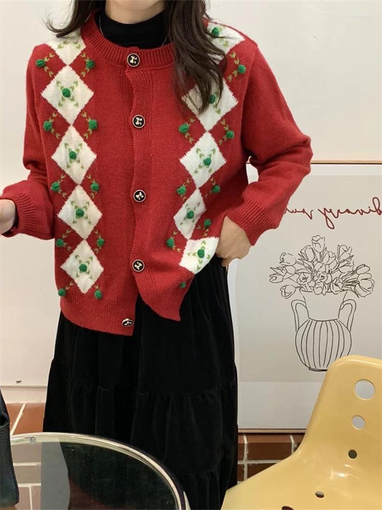 

Women's Knits Hsa Floral Embroidery Argyle Plaid Women Knit Cardigan Long Sleeves O Neck Vintage Christmas Sweaters Sueter Mujer Invierno, Hfn22731 red