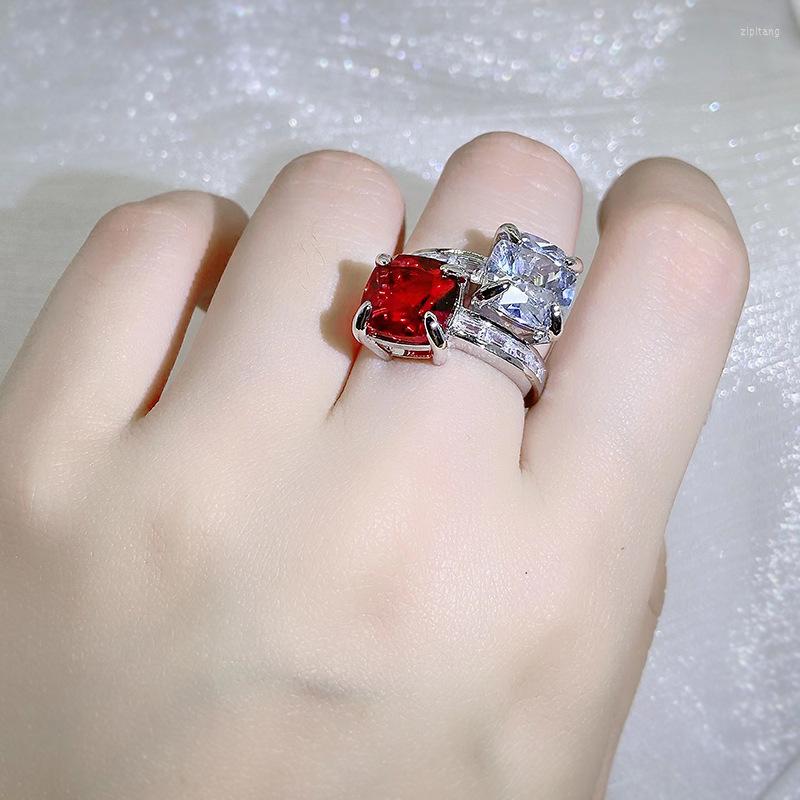 

Cluster Rings Classic Princess Cut Double Stone Two Tone Zircon Crystal Fashion Jewelry Silver Ring For Women Wedding Bridal Anniversary
