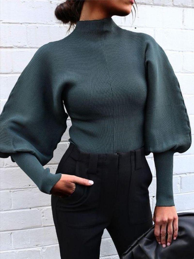 

Women's Sweaters Short Top Women Sweater Lantern Sleeve Nipped Waist Pullover Turtleneck, Nude