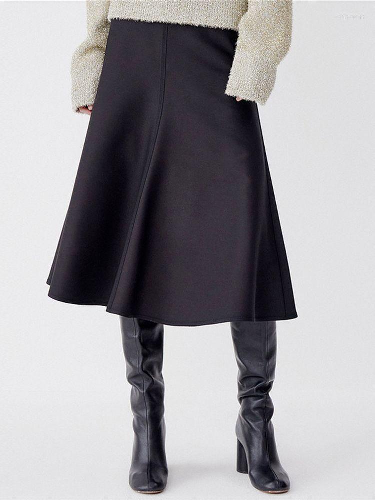 

Skirts Women Elegant Wool Blend A-Line Fishtail Skirt 2023 Early Spring Office Ladies Temperament Minimalist Solid Color Madi Jupe