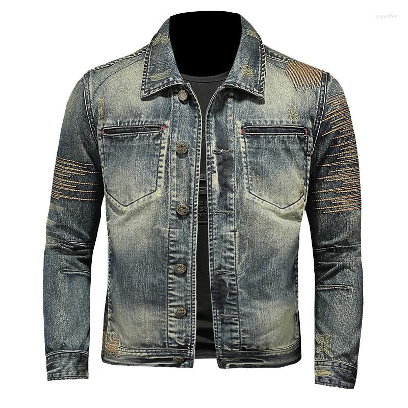 

Men's Jackets Quality Men's Motorcycle Biker High Denim Jacket Embroidery Zipper Retro Slim Fit Distressed Jeans Coat Spring Autumn, Blue