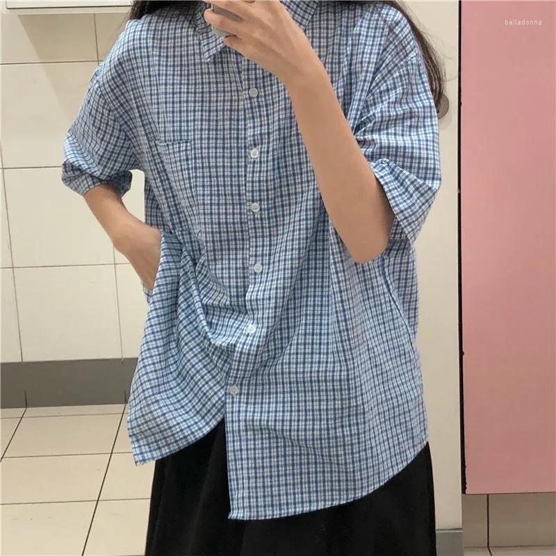 

Women's Blouses Heydress 2023 Women Summer Casual Plaid Short Sleeve Blouse Female Oversize Japanese Sweet Botton Shirts Lady, Blue