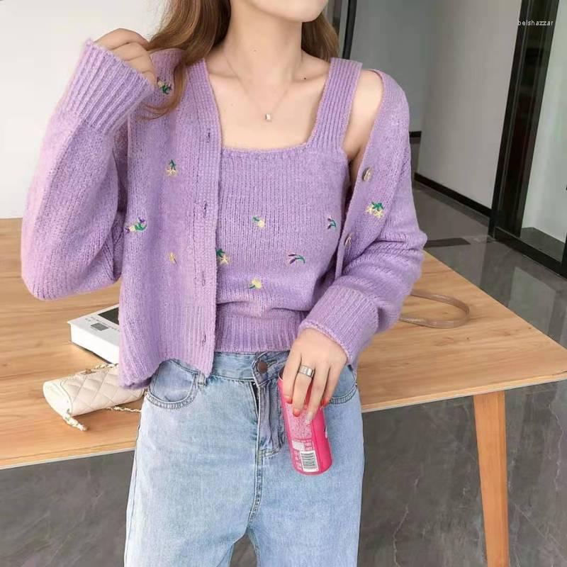 

Women's Knits Autumn Fashion Kawaii Sweater Sets Women Purple White Embroidery Knitted Cardigan Suit Cute Two-piece Crop Top Set, Lavender