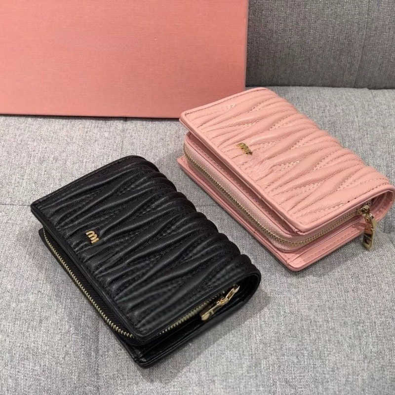 

5a Luxury Short Wallet Women Fashion Pleated clutch bag Designer coin purse Card Bag 2-in-1 wallets Mini Pink Zipper Bags, Pink 14x10x4cm