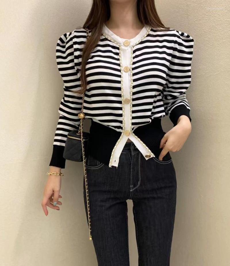 

Women's Knits Korean Fashion Button Striped Short Knitted Cardigan Women Sweater Elegant Long Sleeve Top 2023 Spring Cropped Womes, Black
