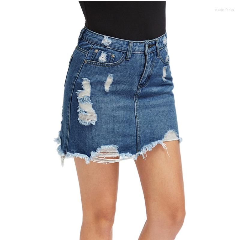 

Skirts Women Ripped Denim High Waist Sexy Zipper Mini Skirt Summer 90S Streetwear Bottom Tassel Loose Lady Blue, Dark blue