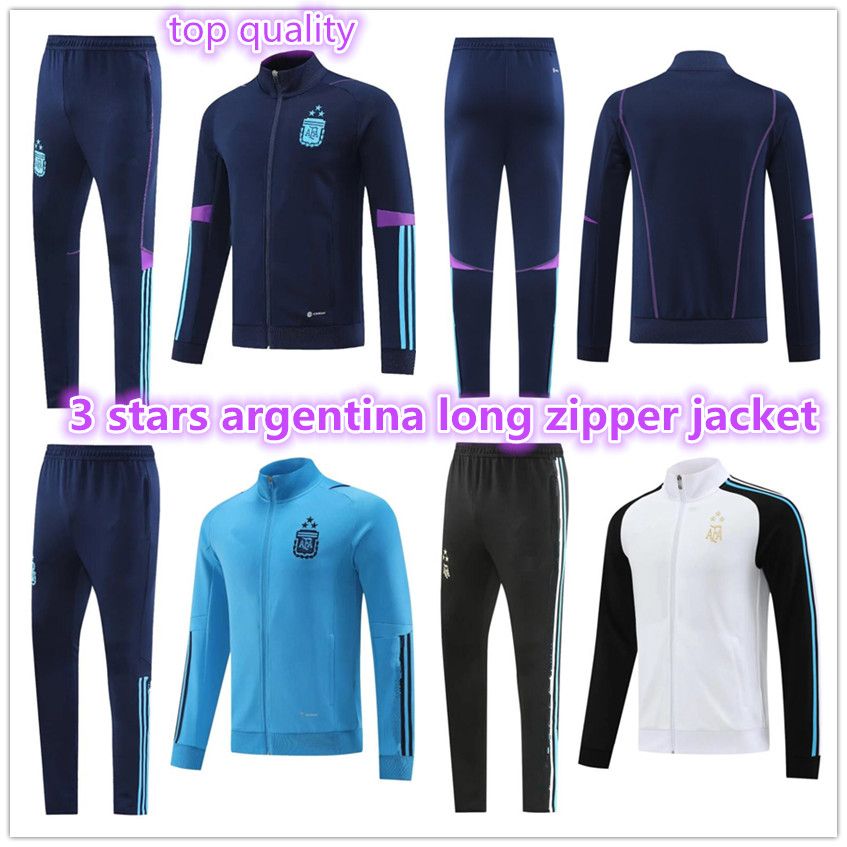 

2022 2023 3 Stars Argentina Adult Tracksuit Jacket Soccer Training Suit World Football Cup Maradona Di Maria Men Kit Tracksuit Sets Long Zip