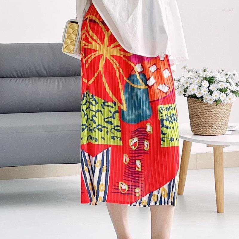

Skirts Korean Style Fashion High Waist Elastic Side Slit Women's Skirt Geometric Print Harajuku Midi