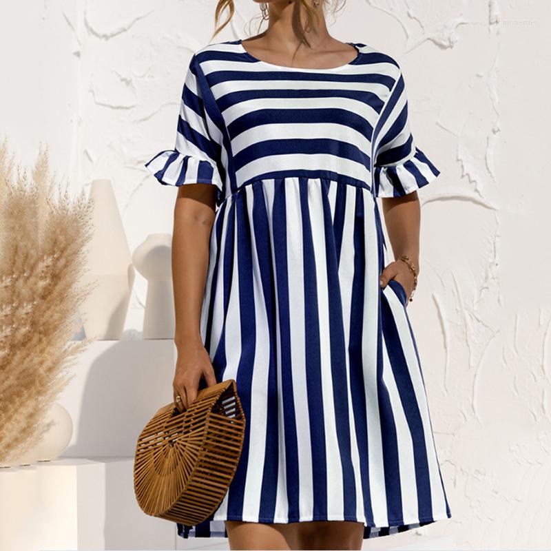 

Casual Dresses Women Summer Dress Cute Loose Striped Print Ruffles Sleeves Elegant A Line Patchwork Beach Party Female Vestidos, Rd
