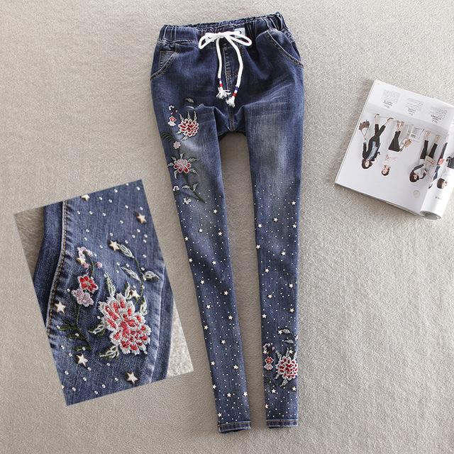 

Women's Jeans Elastic Waist Embroidered European Diamond Beaded Female Rhinestone Pencil Trousers Wq2100, Blue