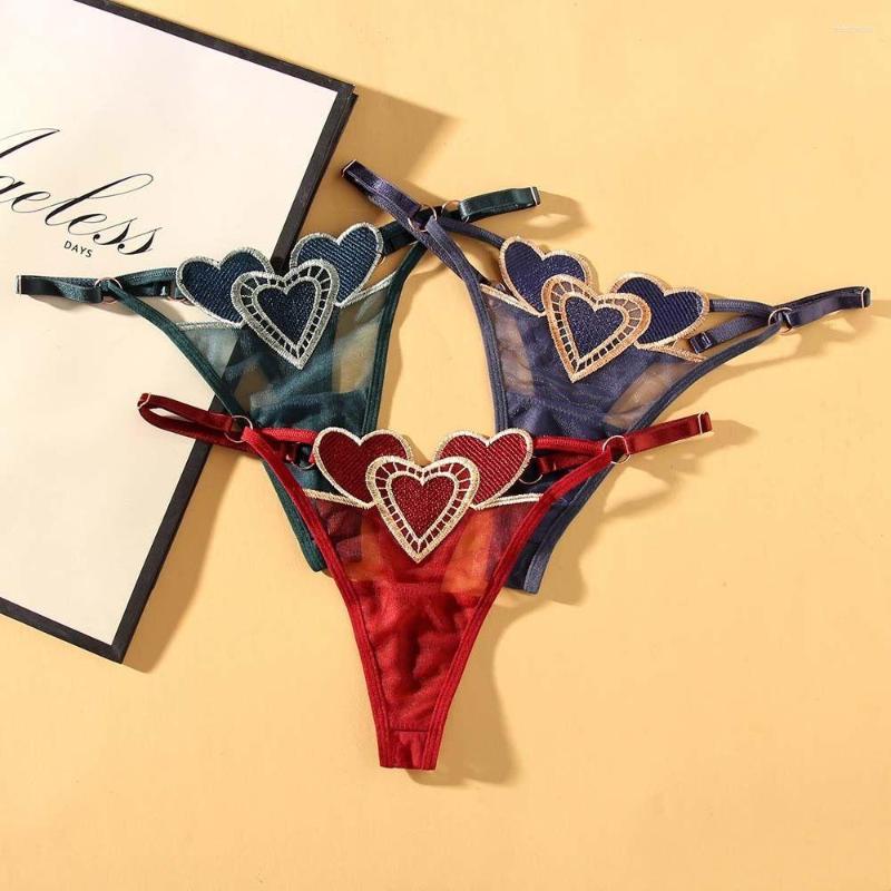 

Women's Panties Sweet Embroidery Love Heart Lace Women Underwear Adjustable Strap Low Waist Thong Transparent Female Lingerie, White