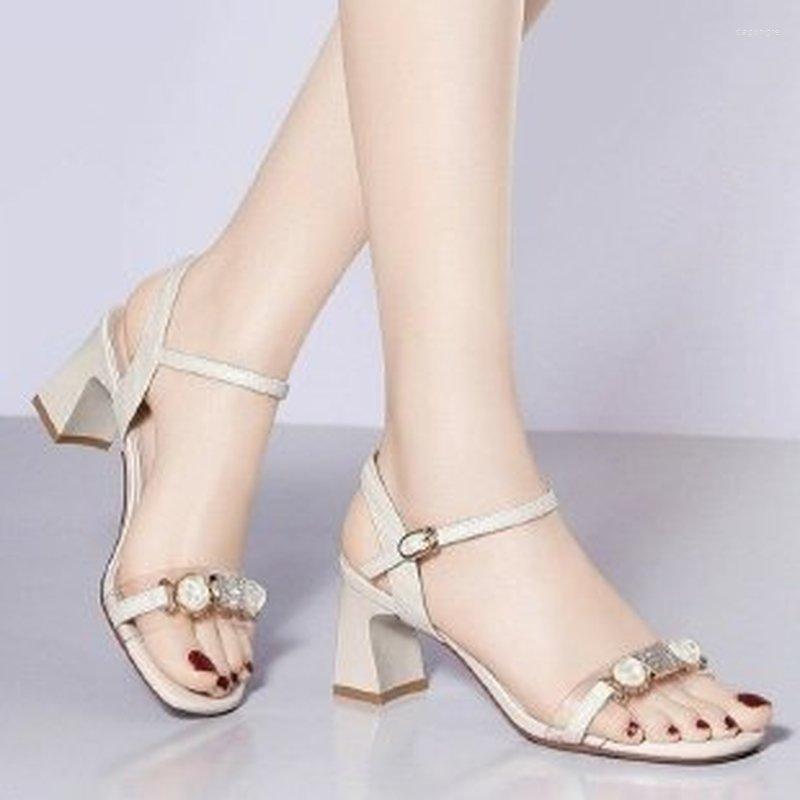 

Sandals Women 2023 Summer Thick-heeled One-word Buckle Straps Outer Wear Square Toe Fashion High-heeled Women's Shoes, Beige