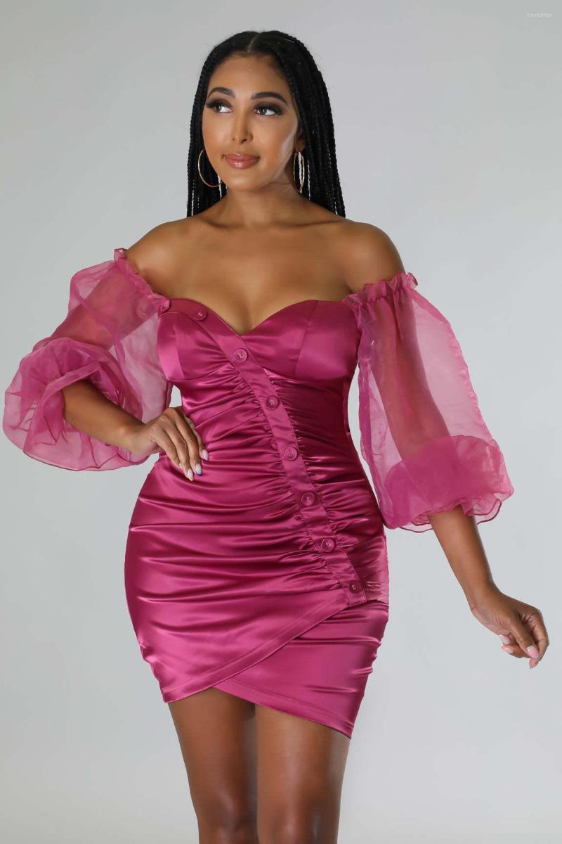 

Casual Dresses Solid Satin Wrapped Bodycon Mini Party Dress Women Sexy Buttons Sweatheart Off Shoulder Mesh Lantern Sleeve Ruched Clubwear, Black