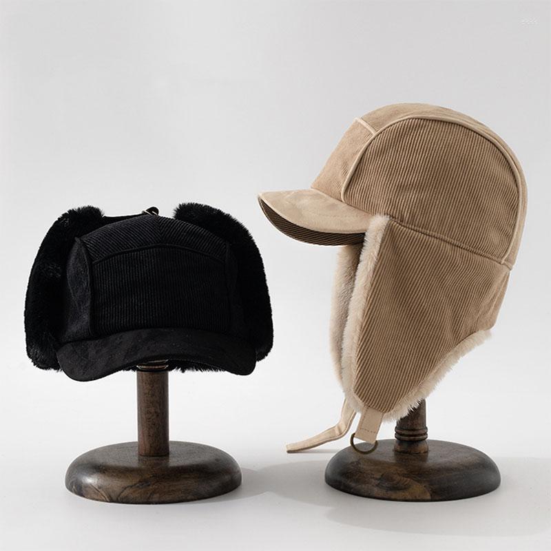 

Berets Winter Solid Khaki Black Bomber Hats Men Women Outdoors Cycling Skiing Wndproof Earflap Caps Warm All Match 54-56cm