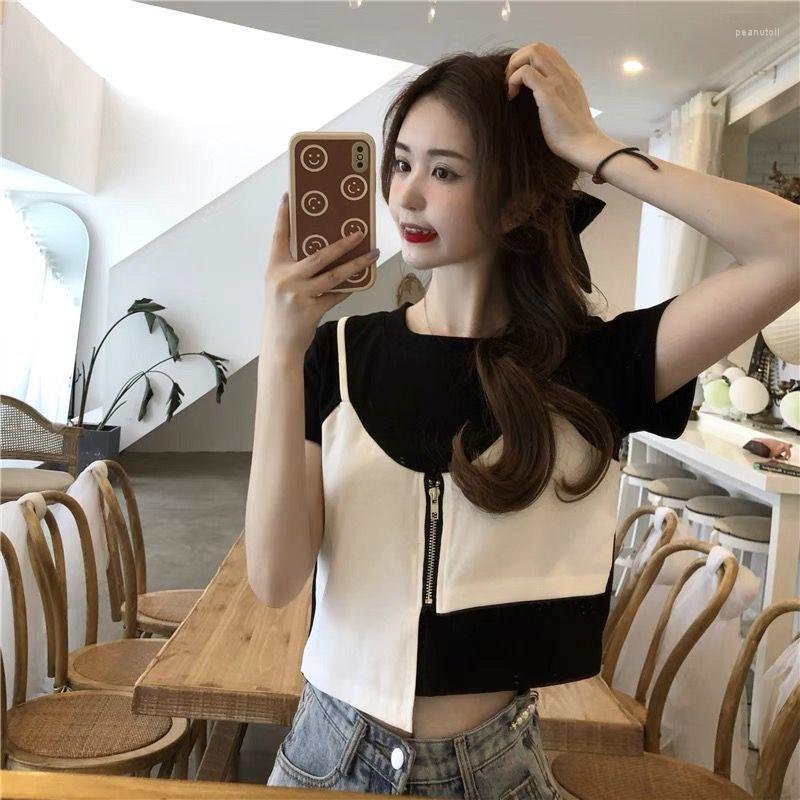 

Women's T Shirts Slim Fake Two Piece Crop Tops Strapless Tee Y2k Clothes Summer Women Black T-shirts Zipper Irregular Tshirt Graphic