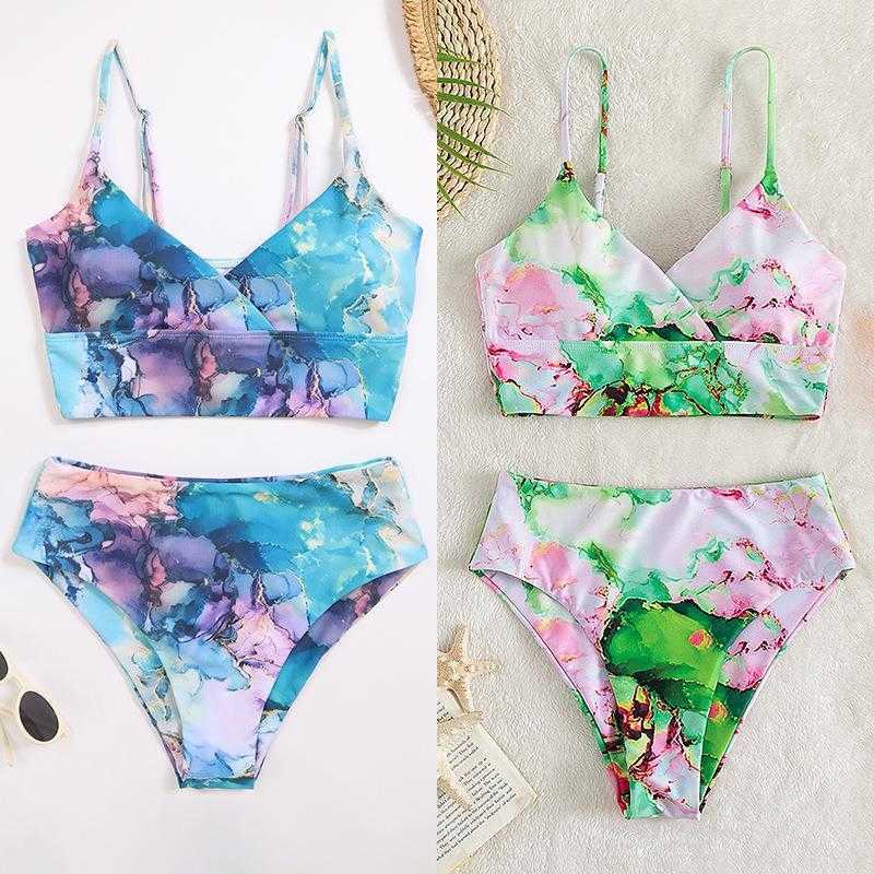 

Sexy Cartoon Print Strap Bikini Womens Triangle Tube Top Split Swimsuit Women, Green