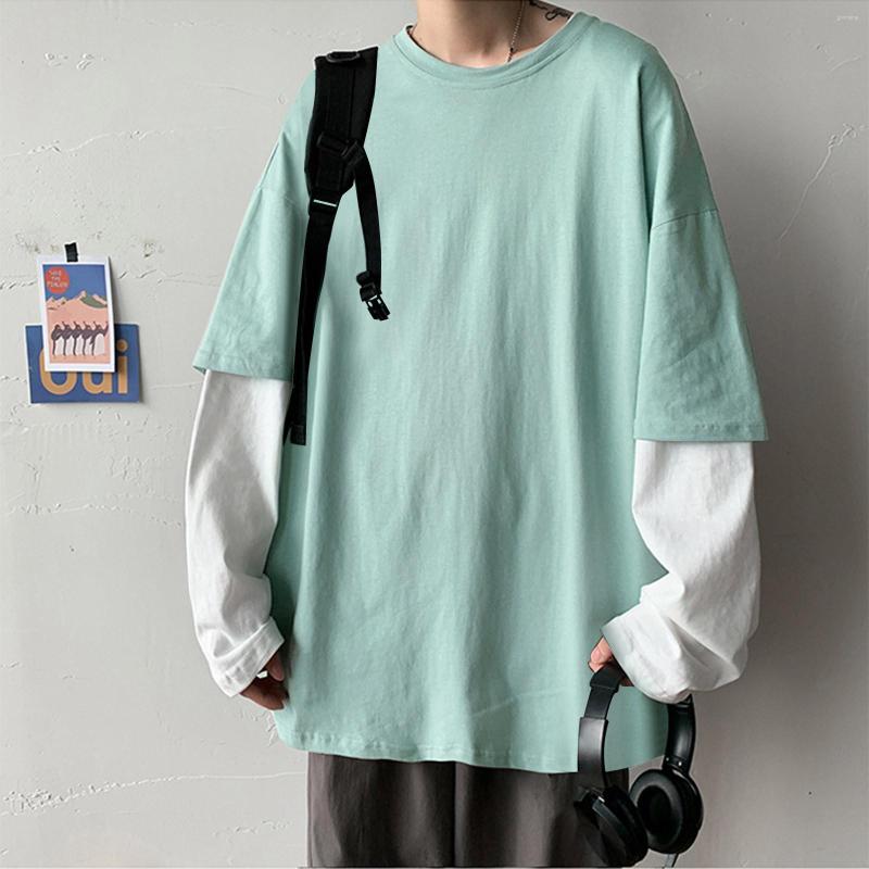 

Men's T Shirts Pack Of Mens Fashion Casual Simple Fake Two Piece Pullover Round Neck Shirt Top Bottoming Heat Gear Long Sleeve Men, Beige