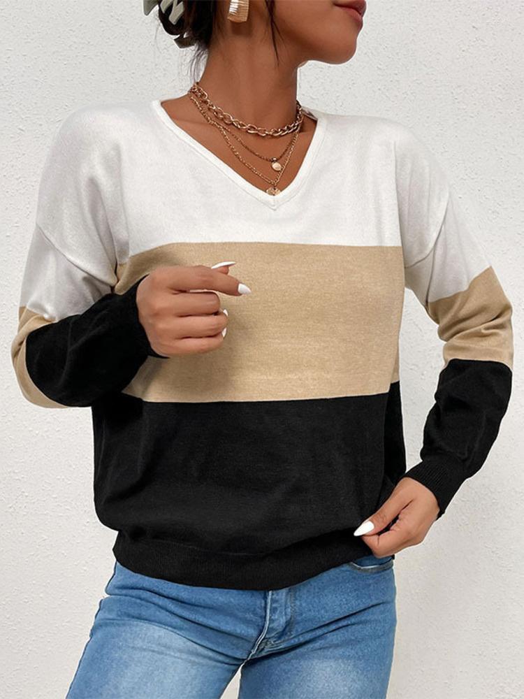 

Women' Sweaters LiTi Autumn 2023 And Winter Sweater Top Loose Casual V-neck Color Matching Long Sleeved Women, Black khaki