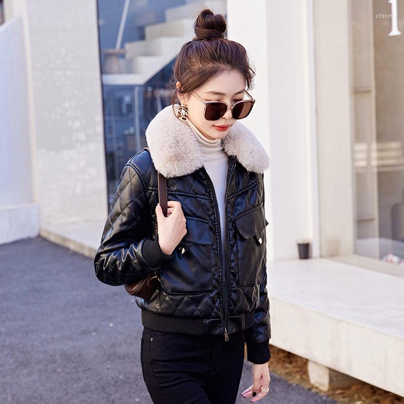 

Women's Leather Wool Collar Add Velvet Coat Women Short Padded PU Pipi Cotton Jacket Female Slim Warm Cardigan, Black no fur collar