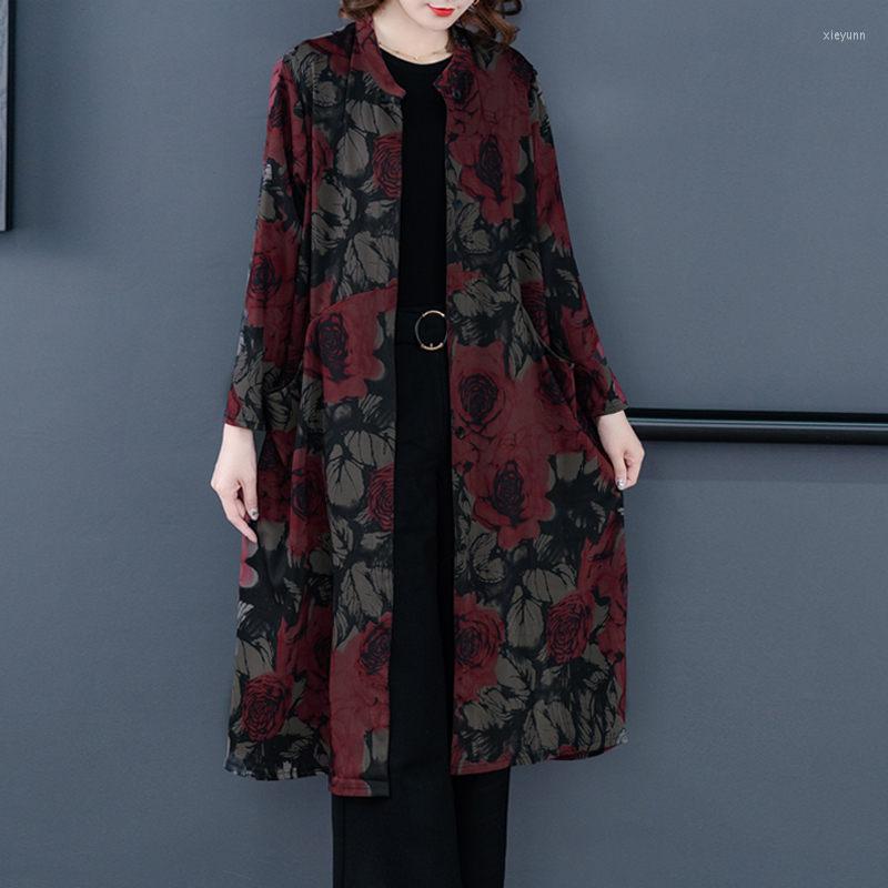 

Women's Trench Coats Spring Autumn Coat 2023 Loose Large Size Women's Long Sleeve Windbreaker Temperament National Print Casual Tops, Red