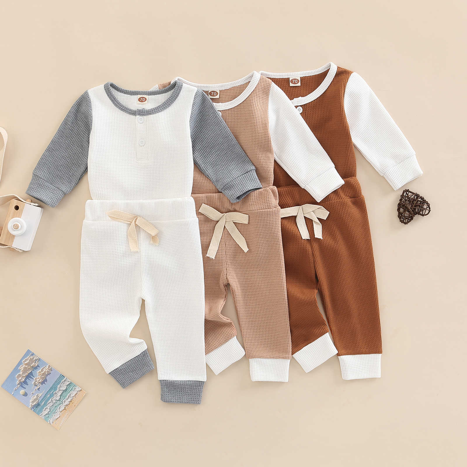 

Clothing Sets Autumn Winter New Baby Boys Girls Clothes Set Waffle Contrast Color Long Sleeve Crew Neck RomperElastic Waist Pants Casual Suit, Auburn